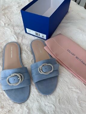 STUART WEITZMAN Crystal Buckle Slide Sandal In Blue fits 6.5 - 7 36.5